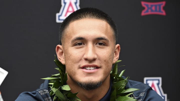 Jul 10, 2024; Las Vegas, NV, USA; Arizona Wildcats wide receiver Tetairoa McMillian speaks to the media during the Big 12 Media Days at Allegiant Stadium. Mandatory Credit: Candice Ward-Imagn Images