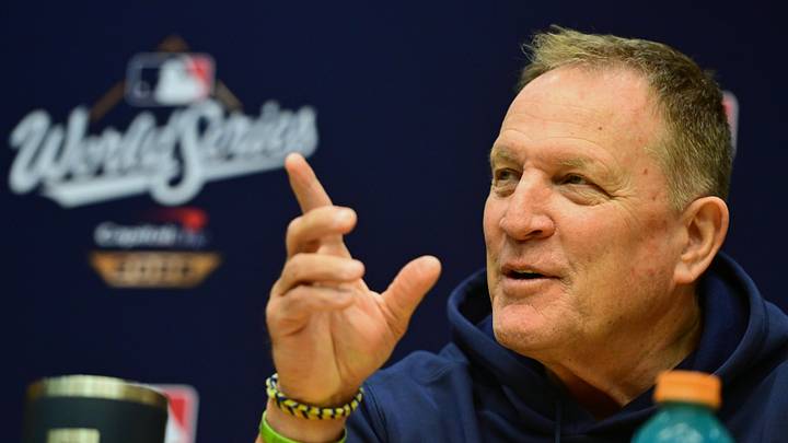 Oct 22, 2026; Milwaukee, WI, USA;  Milwaukee Brewers manager Pat Murphy talks during a workout session before the 2026 World Series.  Mandatory Credit: Benny Sieu-Imagn Images