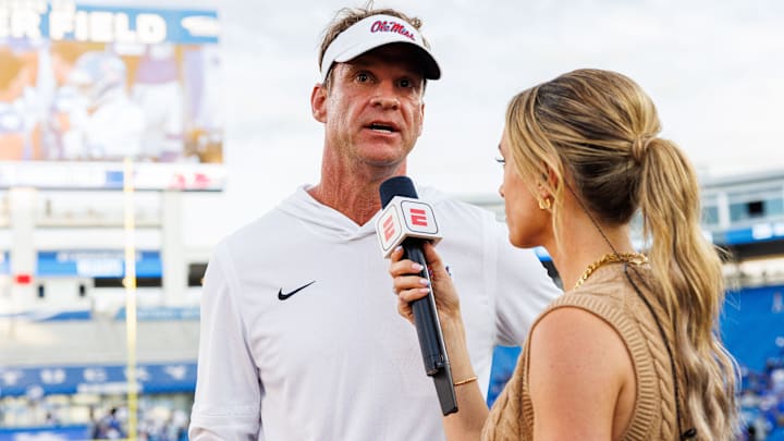 Sep 6, 2025; Lexington, Kentucky, USA; Mississippi Rebels head coach Lane Kiffin is interviewed after the game against the Kentucky Wildcats at Kroger Field. Mandatory Credit: Jordan Prather-Imagn Images