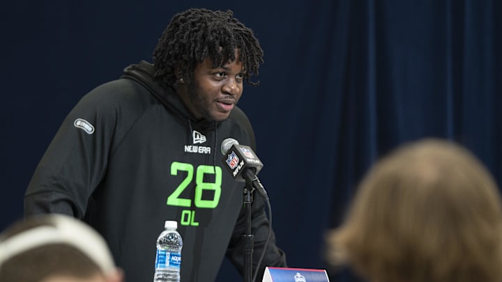 Mar 1, 2025; Indianapolis, IN, USA; University of Missouri offensive lineman Armand Membou (OL28) answers questions at a press conference during the 2025 NFL Combine at Indiana Convention Center. Mandatory Credit: Jacob Musselman-Imagn Images