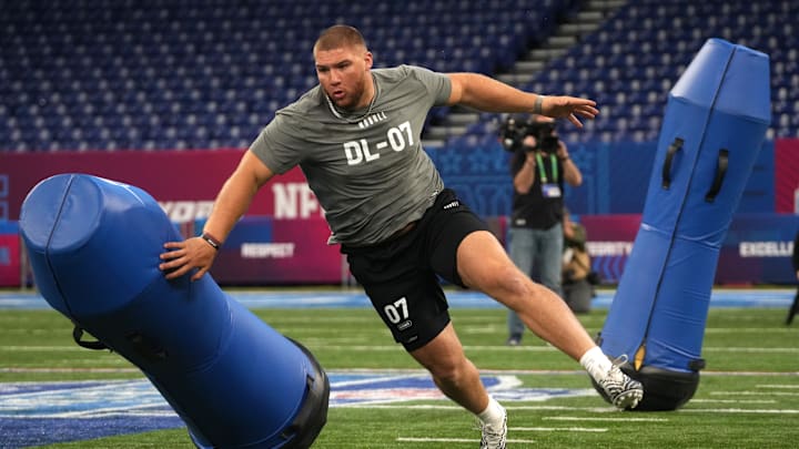 Feb 29, 2024; Indianapolis, IN, USA; Florida State defensive lineman Braden Fiske (DL07) works out