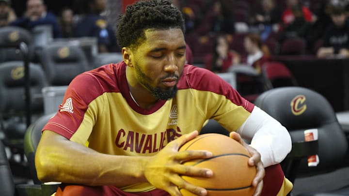 Oct 8, 2024; Cleveland, Ohio, USA; Cleveland Cavaliers guard Donovan Mitchell (45) warms up before a game against the Chicago Bulls at Rocket Mortgage FieldHouse. Mandatory Credit: David Richard-Imagn Images