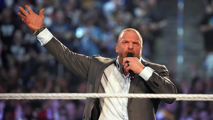 Apr 3, 2022; Arlington, TX, USA; WWE COO Triple H enters the arena and addresses fans during WrestleMania at AT&T Stadium. Mandatory Credit: Joe Camporeale-Imagn Images