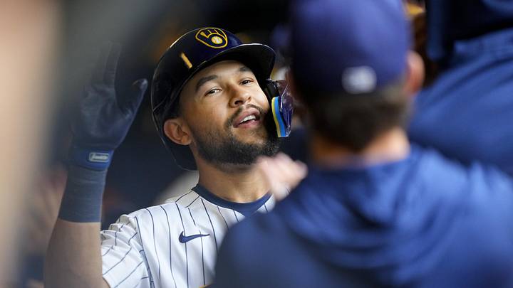 Jun 14, 2026; Milwaukee, Wisconsin, USA; Milwaukee Brewers right fielder Blake Perkins (16) celebrates after hitting a home run during the fourth inning against the Philadelphia Phillies at American Family Field. Mandatory Credit: Jeff Hanisch-Imagn Images Jun 14, 2026; Milwaukee, Wisconsin, USA; Milwaukee Brewers right fielder Blake Perkins (16) celebrates after hitting a home run during the fourth inning against the Philadelphia Phillies at American Family Field. Mandatory Credit: Jeff Hanisch-Imagn Images
