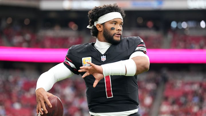 Oct 5, 2025; Glendale, Arizona, USA; Arizona Cardinals quarterback Kyler Murray (1) warms up before their game against the Tennessee Titans at State Farm Stadium. Mandatory Credit: Joe Camporeale-Imagn Images