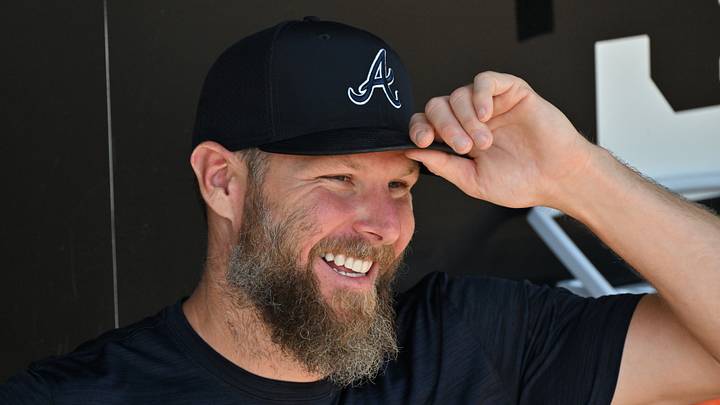 Aug 20, 2026; Chicago, Illinois, USA;  Atlanta Braves pitcher Chris Sale (51) smiles in the dugout prior to a game against the Chicago White Sox at Rate Field.  Mandatory Credit: Patrick Gorski-Imagn Images