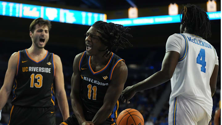 Nov 30, 2023; Los Angeles, California, USA; UC Riverside Highlanders guard Nate Pickens (11) celebrates after dunking the ball against the UCLA Bruins in the first half at Pauley Pavilion presented by Wescom. Mandatory Credit: Kirby Lee-Imagn Images