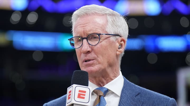 Jan 17, 2024; Los Angeles, California, USA; ESPN play-by-play announcer Mike Breen during the game between the Los Angeles Lakers and the Dallas Mavericks at Crypto.com Arena. Mandatory Credit: Kirby Lee-Imagn Images