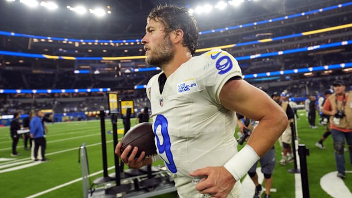 Oct 24, 2024; Inglewood, California, USA; Los Angeles Rams quarterback Matthew Stafford (9) leaves the field after the game against the Minnesota Vikings at SoFi Stadium. Mandatory Credit: Kirby Lee-Imagn Images