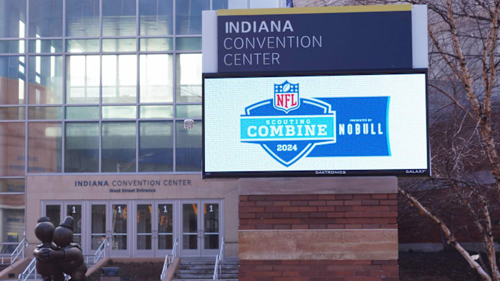 Mar 3, 2024; Indianapolis, IN, USA; The marquee sign at the Indiana Convention Center, the site of the NFL Scouting Combine.  