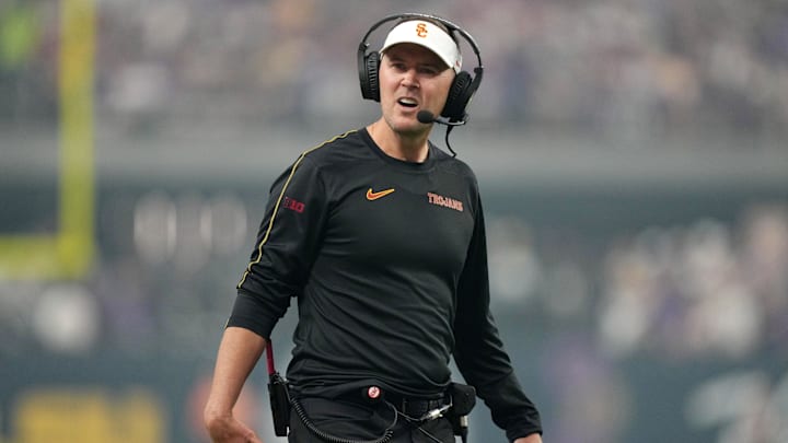 Sep 1, 2024; Paradise, Nevada, USA; Southern California Trojans head coach Lincoln Riley reacts in the first half against the LSU Tigers at Allegiant Stadium. Mandatory Credit: Kirby Lee-Imagn Images