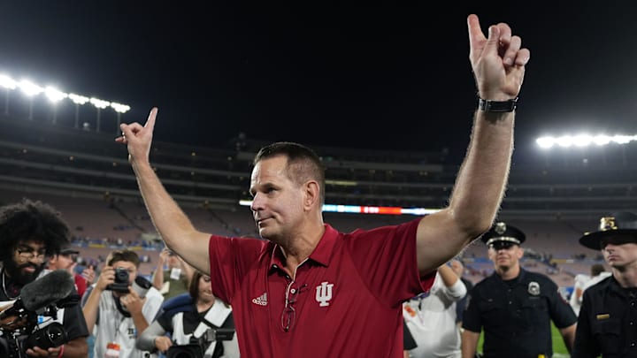 Sep 14, 2024; Pasadena, California, USA; Indiana Hoosiers head coach Curt Cignetti reacts after the game against the UCLA Bruins at Rose Bowl. Mandatory Credit: Kirby Lee-Imagn Images Sep 14, 2024; Pasadena, California, USA; Indiana Hoosiers head coach Curt Cignetti reacts after the game against the UCLA Bruins at Rose Bowl. Mandatory Credit: Kirby Lee-Imagn Images