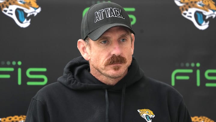 Oct 17, 2024; Watford, United Kingdom; Jacksonville Jaguars defensive coordinator Ryan Nielsen during press conference at The Grove. Mandatory Credit: Kirby Lee-Imagn Images