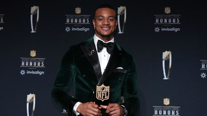Feb 6, 2025; New Orleans, LA, USA; Denver Broncos cornerback Patrick Surtain II poses with the Defensive Player of the Year award during Super Bowl LIX NFL Honors at Saenger Theatre. Mandatory Credit: Kirby Lee-Imagn Images
