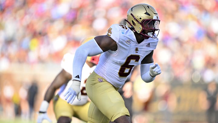 Nov 16, 2024; Dallas, Texas, USA; Boston College Eagles defensive end Donovan Ezeiruaku (6) in action during the game between the SMU Mustangs and the Boston College Eagles at Gerald J. Ford Stadium. Mandatory Credit: Jerome Miron-Imagn Images
