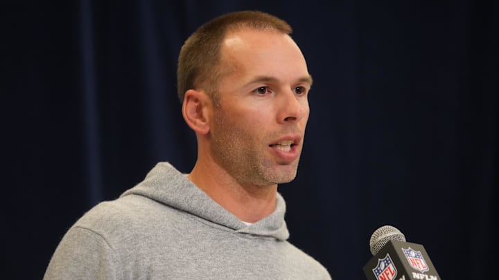 Feb 25, 2025; Indianapolis, IN, USA; Arizona Cardinals coach Jonathan Gannon speaks during the NFL Scouting Combine at the Indiana Convention Center. Mandatory Credit: Kirby Lee-Imagn Images