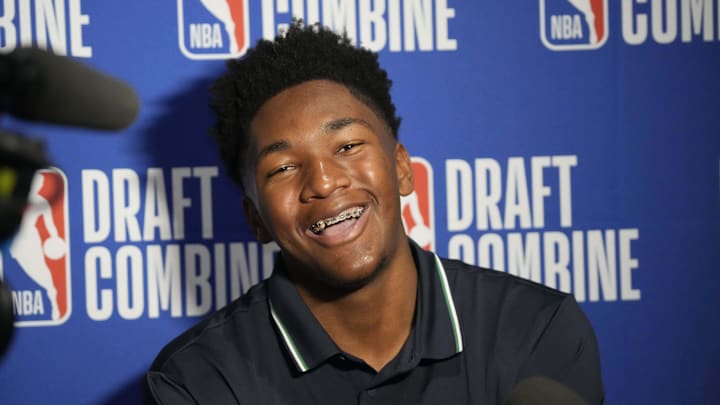 May 14, 2025; Chicago, Il, USA; Derik Queen talks to the media during the 2025 NBA Draft Combine at Marriott Marquis Chicago. Mandatory Credit: David Banks-Imagn Images
