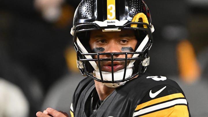Jan 4, 2025; Pittsburgh, Pennsylvania, USA; Pittsburgh Steelers quarterback Russell Wilson warms up for a game against the Cincinnati Bengals at Acrisure Stadium. Mandatory Credit: Barry Reeger-Imagn Images
