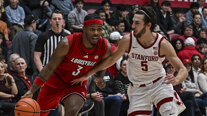 Jan 2, 2025; Stanford, California, USA; Louisville Cardinals guard Ryan Conwell (3) dribbles against Stanford Cardinal guard Benny Gealer (5) during the first half at Maples Pavilion. Mandatory Credit: Justine Willard-Imagn Images Jan 2, 2025; Stanford, California, USA; Louisville Cardinals guard Ryan Conwell (3) dribbles against Stanford Cardinal guard Benny Gealer (5) during the first half at Maples Pavilion. Mandatory Credit: Justine Willard-Imagn Images