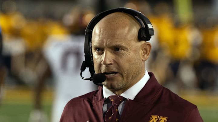 Sep 13, 2025; Berkeley, California, USA; Minnesota Golden Gophers head coach P.J. Fleck prepares for a game against the California Golden Bears at California Memorial Stadium. Mandatory Credit: D. Ross Cameron-Imagn Images Sep 13, 2025; Berkeley, California, USA; Minnesota Golden Gophers head coach P.J. Fleck prepares for a game against the California Golden Bears at California Memorial Stadium. Mandatory Credit: D. Ross Cameron-Imagn Images