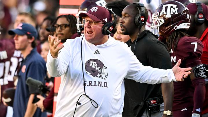 Sep 27, 2025; College Station, Texas, USA; Texas A&M Aggies head coach Mike Elko reacts during the third quarter against the Auburn Tigers at Kyle Field. Mandatory Credit: Maria Lysaker-Imagn Images Sep 27, 2025; College Station, Texas, USA; Texas A&M Aggies head coach Mike Elko reacts during the third quarter against the Auburn Tigers at Kyle Field. Mandatory Credit: Maria Lysaker-Imagn Images