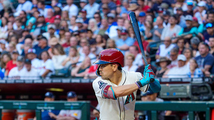 Arizona Diamondbacks outfielder Corbin Carroll (7) at bat in the third inning against the Atlanta Braves at Chase Field on April 26. Arizona Diamondbacks outfielder Corbin Carroll (7) at bat in the third inning against the Atlanta Braves at Chase Field on April 26.