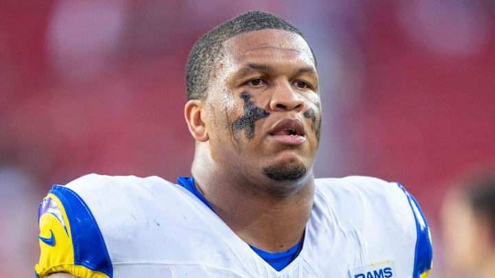 November 9, 2025; Santa Clara, California, USA; Los Angeles Rams offensive tackle Alaric Jackson (77) after the game against the San Francisco 49ers at Levi's Stadium. Mandatory Credit: Kyle Terada-Imagn Images