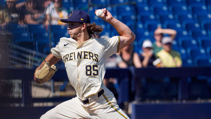 Mar 1, 2024; Phoenix, Arizona, USA; Milwaukee Brewers pitcher Robert Gasser (85) on the mound in Mar 1, 2024; Phoenix, Arizona, USA; Milwaukee Brewers pitcher Robert Gasser (85) on the mound in