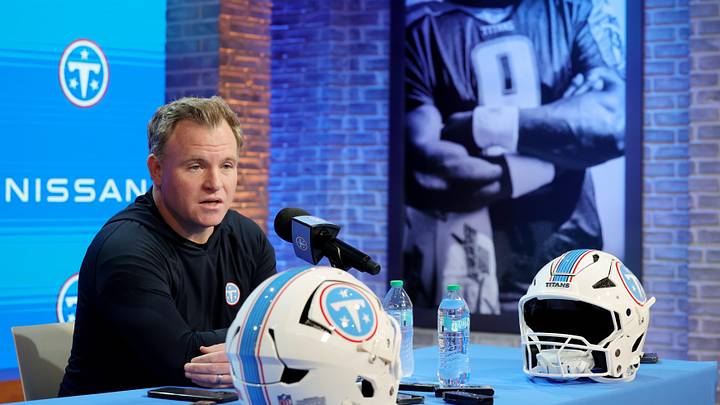 Titans general manager Mike Borgonzi speaks to members of the media during a pre NFL draft press conference held at the Titans practice facility Thursday, April 16, 2026.