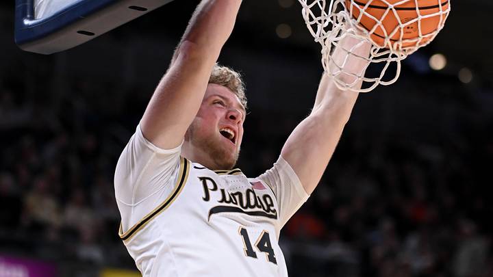 Dec 20, 2025; Indianapolis, Indiana, USA; Purdue Boilermakers guard Jack Benter (14) dunks the ball. Dec 20, 2025; Indianapolis, Indiana, USA; Purdue Boilermakers guard Jack Benter (14) dunks the ball.