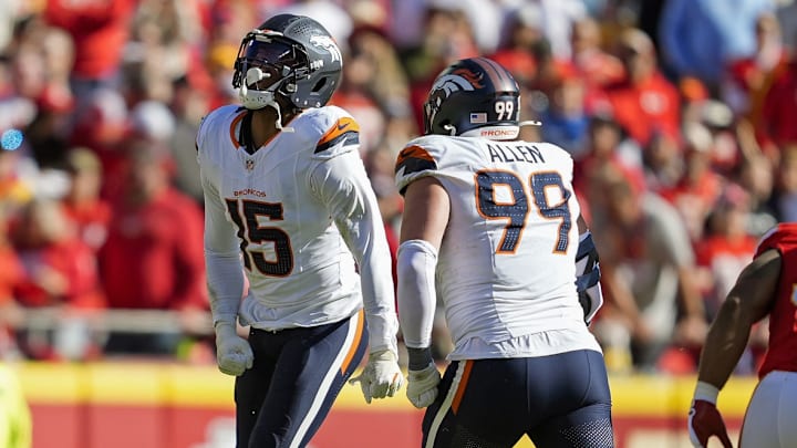 Nov 10, 2024; Kansas City, Missouri, USA; Denver Broncos linebacker Nik Bonitto (15) celebrates after a play during the first half against the Kansas City Chiefs at GEHA Field at Arrowhead Stadium. 