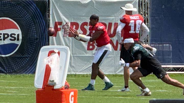 Eagles first-round pick Mekai Lemon gets some extra work in with Jalen Hurts following practice on Aug. 24, 2026. Eagles first-round pick Mekai Lemon gets some extra work in with Jalen Hurts following practice on Aug. 24, 2026.