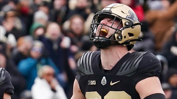 Nov 25, 2023; West Lafayette, Indiana, USA; Purdue Boilermakers tight end Drew Biber (82) celebrates after catching a pass for a touchdown during the first half at Ross-Ade Stadium. Mandatory Credit: Robert Goddin-Imagn Images