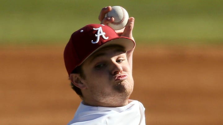 Alabama starting pitcher Connor Prielipp delivers the ball to the plate as the Crimson Tide opened the season against McNeese Friday, Feb. 19, 2021, in Sewell-Thomas Stadium. [Staff Photo/Gary Cosby Jr.]

Alabama Vs Mcneese