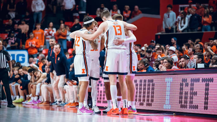 Illinois players huddle up on the floor of the State Farm Center in Champaign, Illinois, during last week's win over Oakland. Illinois players huddle up on the floor of the State Farm Center in Champaign, Illinois, during last week's win over Oakland.