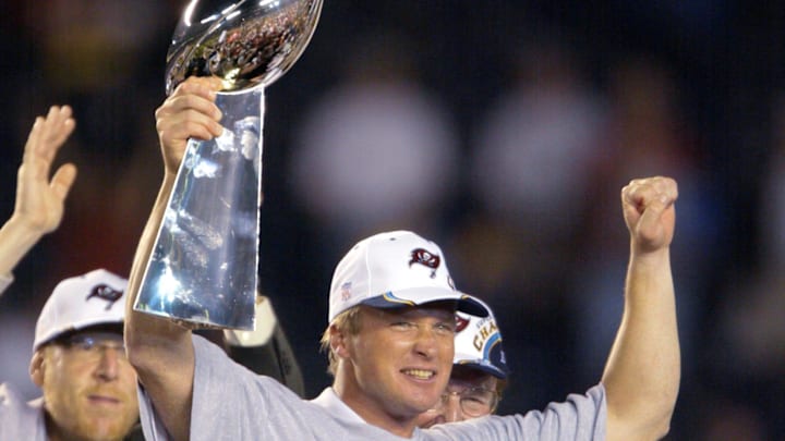 Tampa Bay Buccaneers head coach Jon Gruden holds up the Vince Lombardi Trophy after winning Super Bowl XXXVIII against the Oakland Raiders at Qualcomm Stadium in San Diego, CA on Jan. 26, 2003.

Xxx Axx Letfeat 29 S Fbn Ca