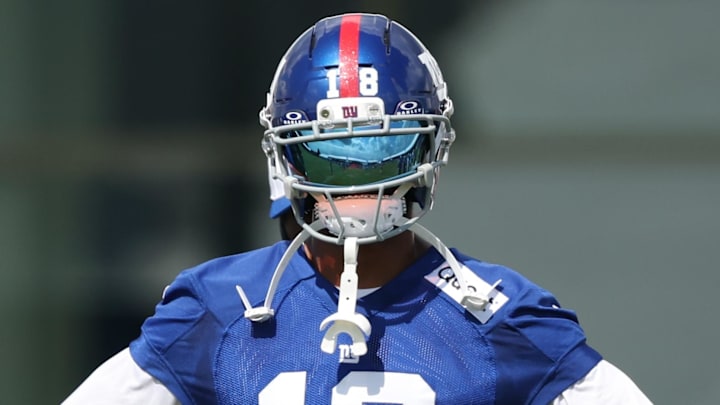 New York Giants wide receiver Darius Slayton (18) is unlikely to play Thursday night against the Eagles.