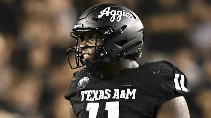 Oct 26, 2024; College Station, Texas, USA; Texas A&M Aggies defensive lineman Nic Scourton (11) reacts during the second quarter against the LSU Tigers. The Aggies defeated the Tigers 38-23; at Kyle Field. Mandatory Credit: Maria Lysaker-Imagn Images.  