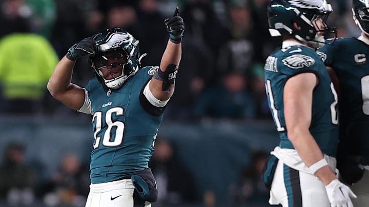 Jan 12, 2025; Philadelphia, Pennsylvania, USA; Philadelphia Eagles running back Saquon Barkley (26) reacts against the Green Bay Packers in the fourth quarter in an NFC wild card game at Lincoln Financial Field. Mandatory Credit: Bill Streicher-Imagn Images