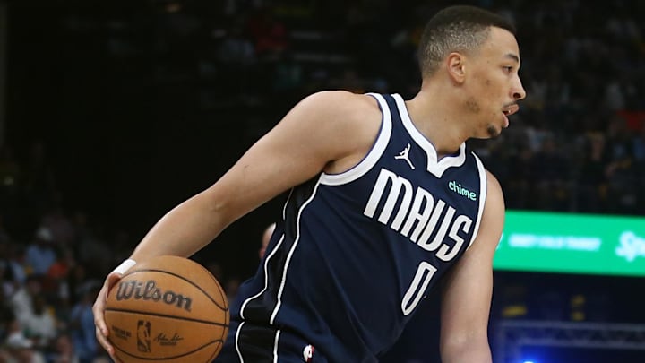 Apr 18, 2025; Memphis, Tennessee, USA; Dallas Mavericks guard Dante Exum (0) dribbles during the first quarter against the Memphis Grizzlies at FedExForum. Mandatory Credit: Petre Thomas-Imagn Images Apr 18, 2025; Memphis, Tennessee, USA; Dallas Mavericks guard Dante Exum (0) dribbles during the first quarter against the Memphis Grizzlies at FedExForum. Mandatory Credit: Petre Thomas-Imagn Images