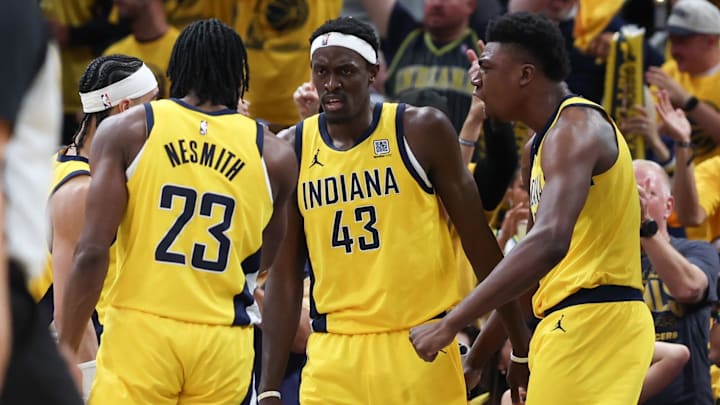May 31, 2025; Indianapolis, Indiana, USA; Indiana Pacers forward Aaron Nesmith (23), forward Pascal Siakam (43) and center Thomas Bryant (3) react after a play against the New York Knicks in the third quarter during game six of the eastern conference finals for the 2025 NBA Playoffs at Gainbridge Fieldhouse. Mandatory Credit: Trevor Ruszkowski-Imagn Images