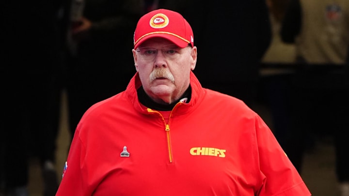 Nov 17, 2024; Orchard Park, New York, USA; Kansas City Chiefs head coach Andy Reid walks onto the field prior to the game against the Buffalo Bills at Highmark Stadium. Mandatory Credit: Gregory Fisher-Imagn Images