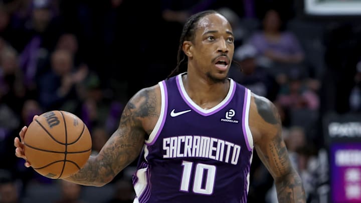 Dec 20, 2025; Sacramento, California, USA; Sacramento Kings forward DeMar DeRozan (10) dribbles the ball up court against the Portland Trail Blazers during the third quarter at Golden 1 Center. Mandatory Credit: Dennis Lee-Imagn Images Dec 20, 2025; Sacramento, California, USA; Sacramento Kings forward DeMar DeRozan (10) dribbles the ball up court against the Portland Trail Blazers during the third quarter at Golden 1 Center. Mandatory Credit: Dennis Lee-Imagn Images