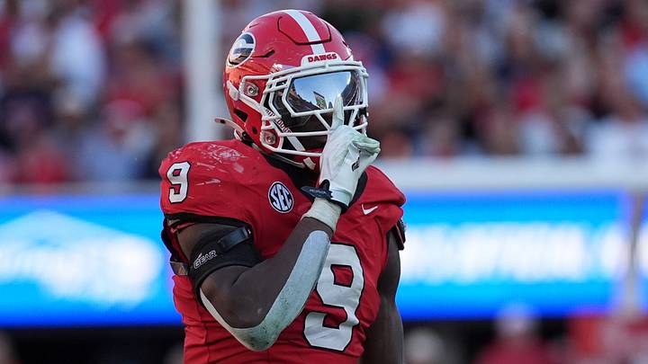 Oct 17, 2026; Athens, Georgia, USA;  Georgia linebacker Chris Cole (9) reacts following a tackle during the third quarter against Auburn at Sanford Stadium.  Mandatory Credit: Dale Zanine-Imagn Images