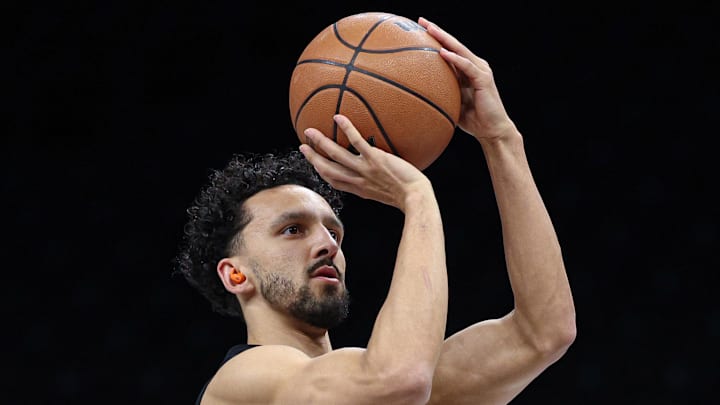 Mar 20, 2026; Brooklyn, New York, USA; New York Knicks guard Landry Shamet (44) warms up  before the game against the New York Nets at Barclays Center. Mandatory Credit: Vincent Carchietta-Imagn Images