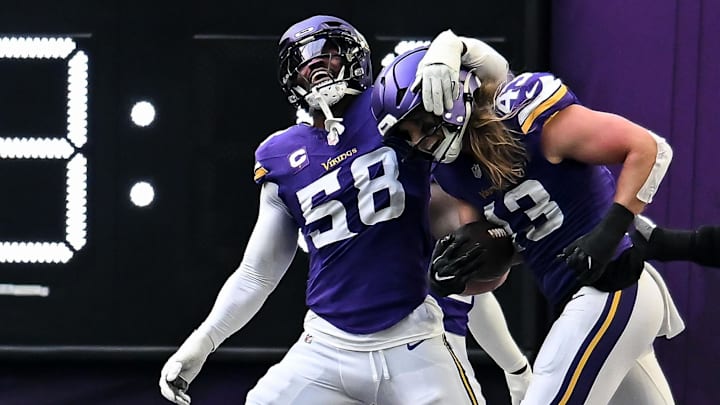 Dec 7, 2025; Minneapolis, Minnesota, USA; Minnesota Vikings outside linebacker Andrew van Ginkel (43) reacts with linebacker Jonathan Greenard (58) during the second half at U.S. Bank Stadium.