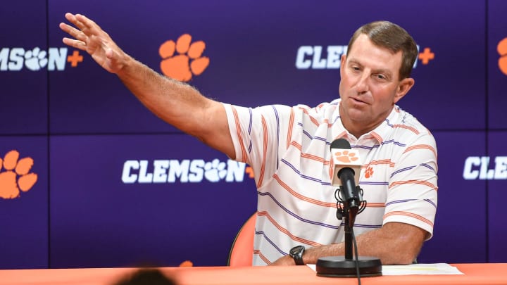 Clemson head coach Dabo Swinney talks during the Clemson football Media Outing & Open House at the Allen N. Reeves Football Complex in Clemson, S.C. Tuesday, July 16, 2024. Clemson head coach Dabo Swinney talks during the Clemson football Media Outing & Open House at the Allen N. Reeves Football Complex in Clemson, S.C. Tuesday, July 16, 2024.