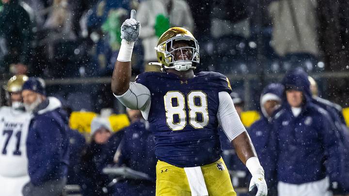 Nov 8, 2025; South Bend, Indiana, USA; Notre Dame Fighting Irish defensive lineman Armel Mukam (88) celebrates making a stop against the Navy Midshipmen during the second half at Notre Dame Stadium. Mandatory Credit: Michael Caterina-Imagn Images