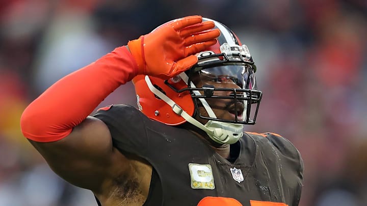 Cleveland Browns defensive end Myles Garrett celebrates after sacking Tampa Bay Buccaneers quarterback Tom Brady during the second half at FirstEnergy Stadium, Sunday, Nov. 27, 2022, in Cleveland.