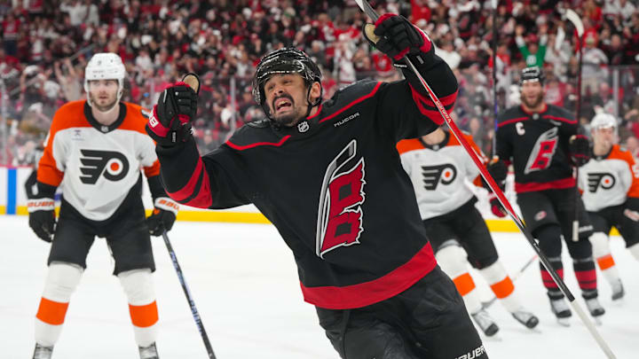 May 4, 2026; Raleigh, North Carolina, USA; Carolina Hurricanes center Seth Jarvis (24) scores a goal against the Philadelphia Flyers during the third period in game two of the second round of the 2026 Stanley Cup Playoffs at Lenovo Center. Mandatory Credit: James Guillory-Imagn Images